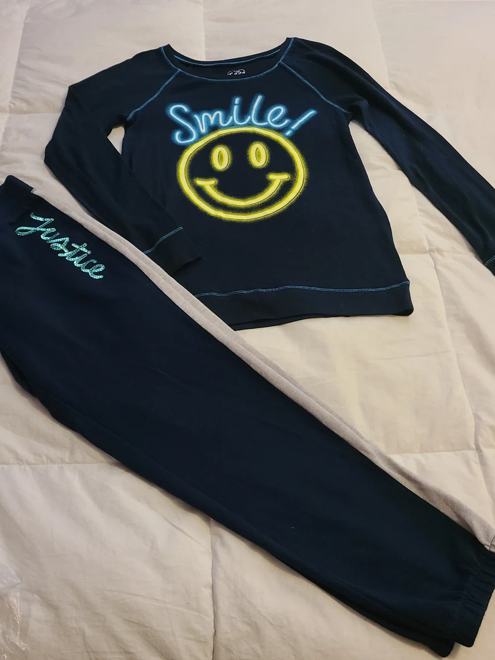 Justice Navy Long Sleeve with Yellow Smiley and Neon Blue 'Smile' Graphic